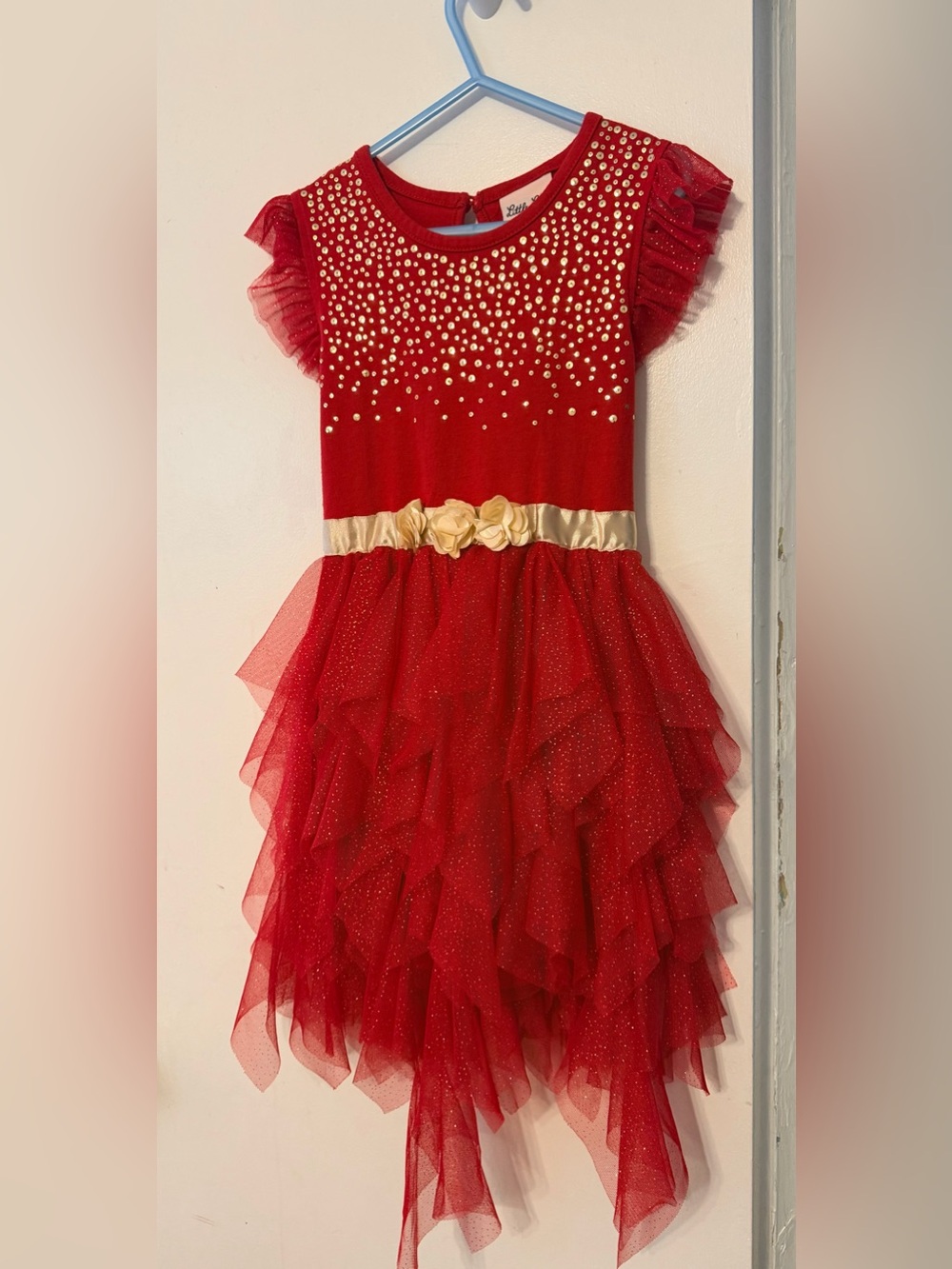 Little Lass Red Sparkle Tulle Kids Costume Dress with Gold Ribbon